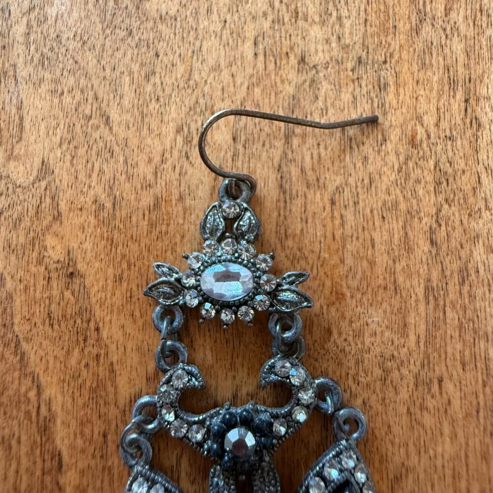 Fun Faux Rhinestone & Black Silver-Tone Dangly Floral Teardrop Earrings - Picture 7 of 8